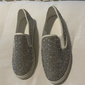 Silver and white sparkle slip on tennis shoes!
